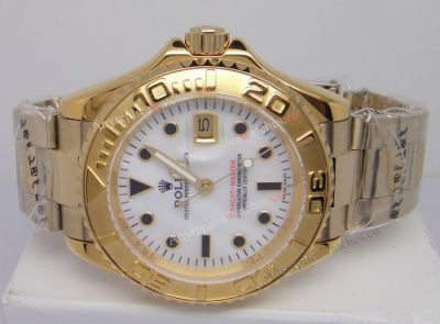 Replica Rolex Yacht-Master Yellow Gold Men Watch White MOP / Black Markers